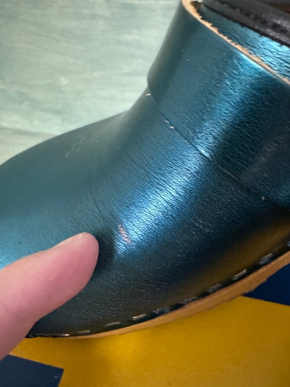 Bjork Metallic Leather Open Back Blue Clogs Handmade w Wood Soles - EU 40/ US 9 - Picture 10 of 10